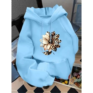 Yarı Leopar Çiçek Baskılı Kapüşonlu Cepli Içi Yünlü Mavi Sweatshirt