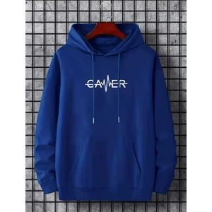 Gamer Baskılı Kapüşonlu Cepli Pamuklu Mavi Sweatshirt