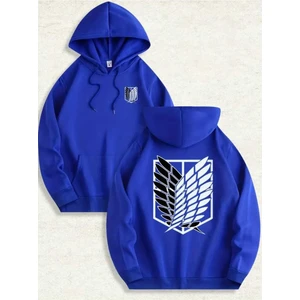 Aot Keşif Birliği Arka Göğüs Baskılı Kapüşonlu Cepli Içi Yünlü Saks Sweatshirt
