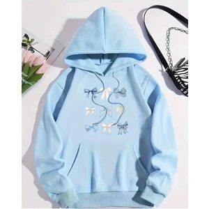 Mavi ve Beyaz Kurdeleler Baskılı Kapüşonlu Cepli Pamuklu Mavi Sweatshirt