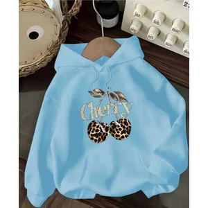 Leopar Desenli Cherry Baskılı Kapüşonlu Cepli Pamuklu Mavi Sweatshirt