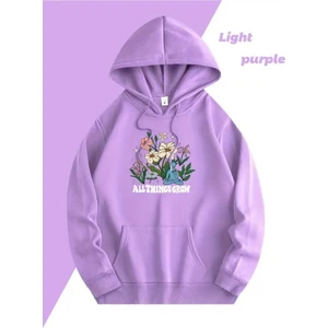 All Things Grow Baskılı Kapüşonlu Cepli Içi Yünlü Lila Sweatshirt