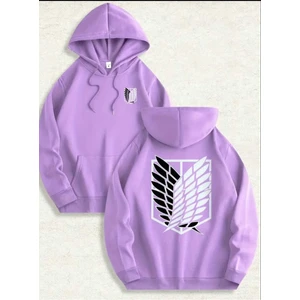 Aot Keşif Birliği Arka Göğüs Baskılı Kapüşonlu Cepli Içi Yünlü Lila Sweatshirt
