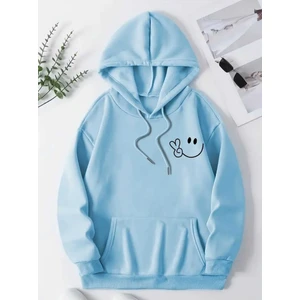 Gülümseyen Yüz Göğüs Baskılı Kapüşonlu Cepli Içi Yünlü Mavi Sweatshirt