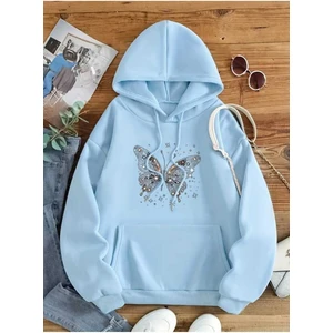 Parıltı Kelebek Baskılı Kapüşonlu Cepli Içi Yünlü Mavi Sweatshirt