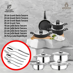 51 Parça İdeal Paslanmaz Çelik ve Döküm Yanmaz Yapışmaz Tencere Çatal Bıçak Kaşık Çeyiz Seti