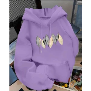 Palmiye Yaprağı Baskılı Kapüşonlu Cepli Pamuklu Lila Sweatshirt