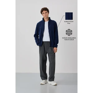 Tommy Life İndigo Yazı Nakışlı Dik Yaka Fermuarlı Standart Kalıp Erkek Sweatshirt Polar - 87992
