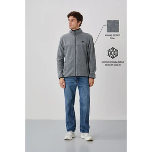 Tommy Life Gri Melanj Yazı Nakışlı Dik Yaka Fermuarlı Standart Kalıp Erkek Sweatshirt Polar - 87992