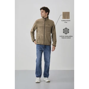 Tommy Life Camel Yazı Nakışlı Dik Yaka Fermuarlı Standart Kalıp Erkek Sweatshirt Polar - 87992