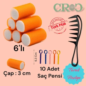 1224 Turuncu 6'lı Bigudi 3 cm +10'lu Saç Pensi Cırtlı Saç Bigudisi