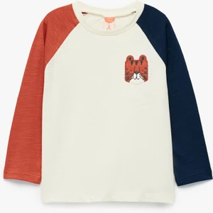 Pamuklu Nakışlı Uzun Kollu Renk Bloklu Bisiklet Yaka Tişört