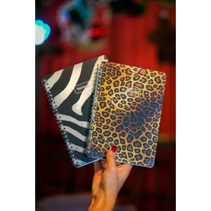 A5 Spiralli Karton Kapak 2'li Set Kareli Ders Programlı Not Okul Defteri - Leopar, Zebra