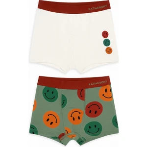 Erkek Çocuk Gülen Yüz Desenli 2'li Boxer Yeşil