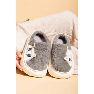 Kadın Kedicik Desenli Peluş Yumuşak Hafif Ses Yapmayan Kaymaz Eva Taban Kışlık Ev Terliği