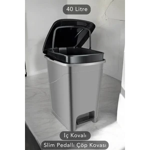 Iç Kovalı Slim Pedallı Banyo Mutfak Çöp Kovası - 40 Litre - Antrasit