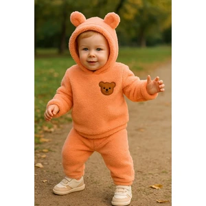 Bebek Peluş Ayı Kulaklı Kapüşonlu 2'li Takım - Kışlık Polar