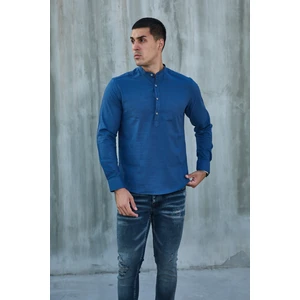 Hakim Yaka Yarım Pat Likra Keten Doku Pamuk Slim Fit Erkek Gömlek