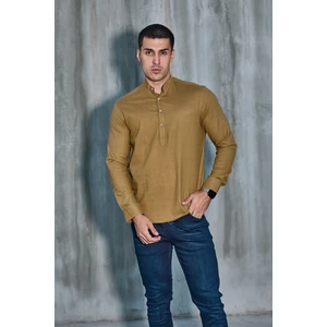 Hakim Yaka Yarım Pat Likra Keten Doku Pamuk Slim Fit Erkek Gömlek