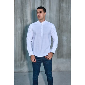 Hakim Yaka Yarım Pat Likra Keten Doku Pamuk Slim Fit Erkek Gömlek