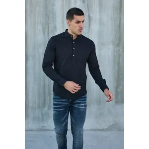 Hakim Yaka Yarım Pat Likra Keten Doku Pamuk Slim Fit Erkek Gömlek