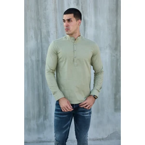 Hakim Yaka Yarım Pat Likra Keten Doku Pamuk Slim Fit Erkek Gömlek