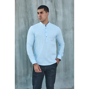 Hakim Yaka Yarım Pat Likra Keten Doku Pamuk Slim Fit Erkek Gömlek