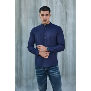 Hakim Yaka Yarım Pat Likra Keten Doku Pamuk Slim Fit Erkek Gömlek