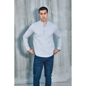 Hakim Yaka Yarım Pat Likra Keten Doku Pamuk Slim Fit Erkek Gömlek