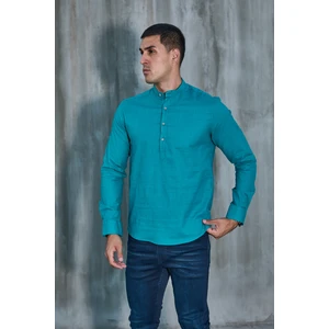 Hakim Yaka Yarım Pat Likra Keten Doku Pamuk Slim Fit Erkek Gömlek