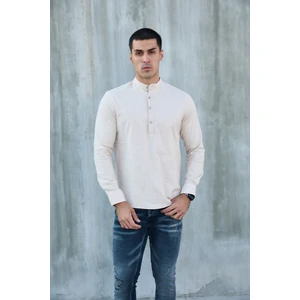 Hakim Yaka Yarım Pat Likra Keten Doku Pamuk Slim Fit Erkek Gömlek