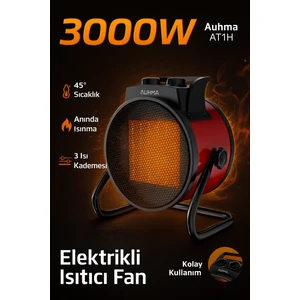 AT1H Elektrikli Isıtıcı Fan Kırmızı | 3000W Hızlı Isınma, 3 Kademeli Ayar, Sessiz Ptc Isıtma Teknolojisi