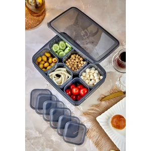 6'lı Kare Tepsili ve Bölmeli Kapaklı Çizgili Vakumlu Kahvaltılık Seti