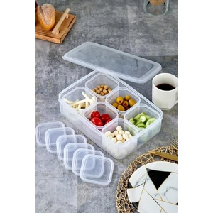 6lı Kare Tepsili ve Bölmeli Kapaklı Çizgili Vakumlu Kahvaltılık Seti