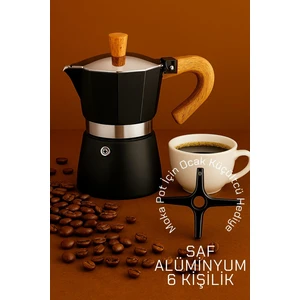Italyan Moka Pot - 6061 Saf Alüminyum  Ahşap Saplı - 6 Kişilik Siyah 722067