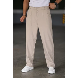 Baggy Çift Pileli Krem-Bej Renk Beli Lastikli Kaliteli Rahat Kesim Klasik Bol Paça Baggy Pantolon