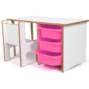 Industrial Living 3 Çekmeceli  Çocuk Etkinlik Masası -Oyun-Hamur-Çalışma Aktivite Masası-Ders Masası - Beyaz Mdf - 3  PEMBE Çekmeceli