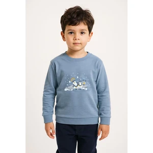 Erkek Çocuk Penguen Baskılı Mavi Kışlık Sweatshirt 0-5 Yaş
