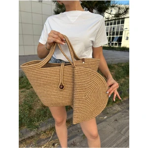 Lumos Fermuarlı Hasır Jüt Vegan Clutch Çanta, Düğmeli Kol Çantası