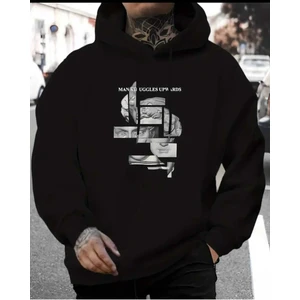 Man Struggles Baskılı Kapüşonlu Cepli Içi Yünlü Siyah Sweatshirt