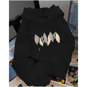 Palmiye Yaprağı Baskılı Kapüşonlu Cepli Pamuklu Siyah Sweatshirt