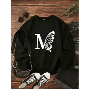 Kelebek Yarı M Harfi Baskılı Bisiklet Yaka Sweatshirt