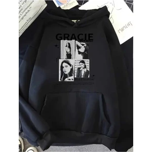 Gracie Abrams Baskılı Kapüşonlu Cepli Pamuklu Siyah Sweatshirt