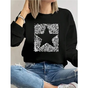 Beyaz Yıldız Baskılı Bisiklet Yaka Siyah Sweatshirt