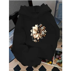 Yarı Leopar Çiçek Baskılı Kapüşonlu Cepli Içi Yünlü Siyah Sweatshirt