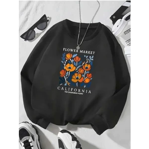 Flower Market Baskılı Bisiklet Yaka Siyah Sweatshirt