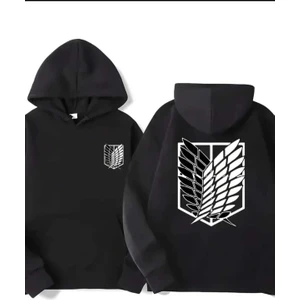 Aot Keşif Birliği Arka Göğüs Baskılı Kapüşonlu Cepli Içi Yünlü Siyah Sweatshirt
