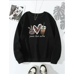Peace Love Coffee Baskılı Bisiklet Yaka Siyah Sweatshirt