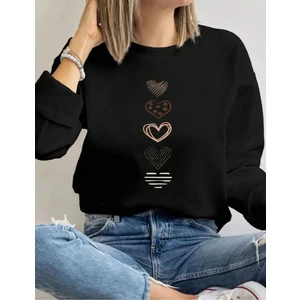 Basit Kalp Çizim Baskılı Bisiklet Yaka Siyah Sweatshirt