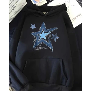 Yıldız Kot Hoodie Baskılı Kapüşonlu Cepli Içi Yünlü Siyah Sweatshirt